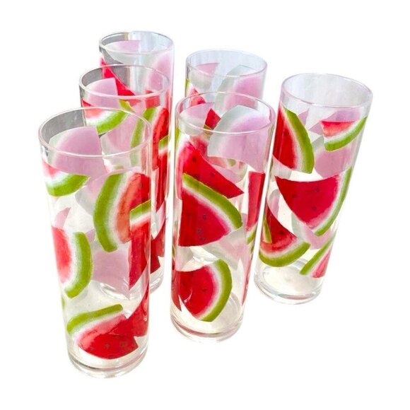 Retro Summer Watermelon Slice 8" Highball Collins Glass Set of 6 Fruit Cocktail - Picture 3 of 7